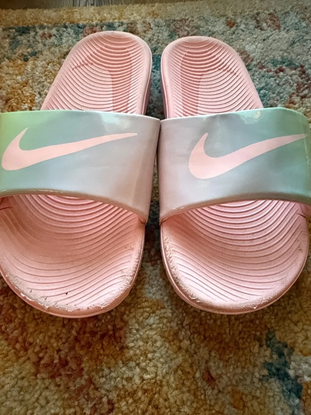 Nike 5Y Well-loved Pastel Pink and Iridescent Slide Sandals